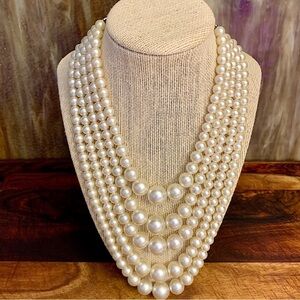 Vintage 5 Strand Multi Strand Graduated Faux Pearl Collar Necklace